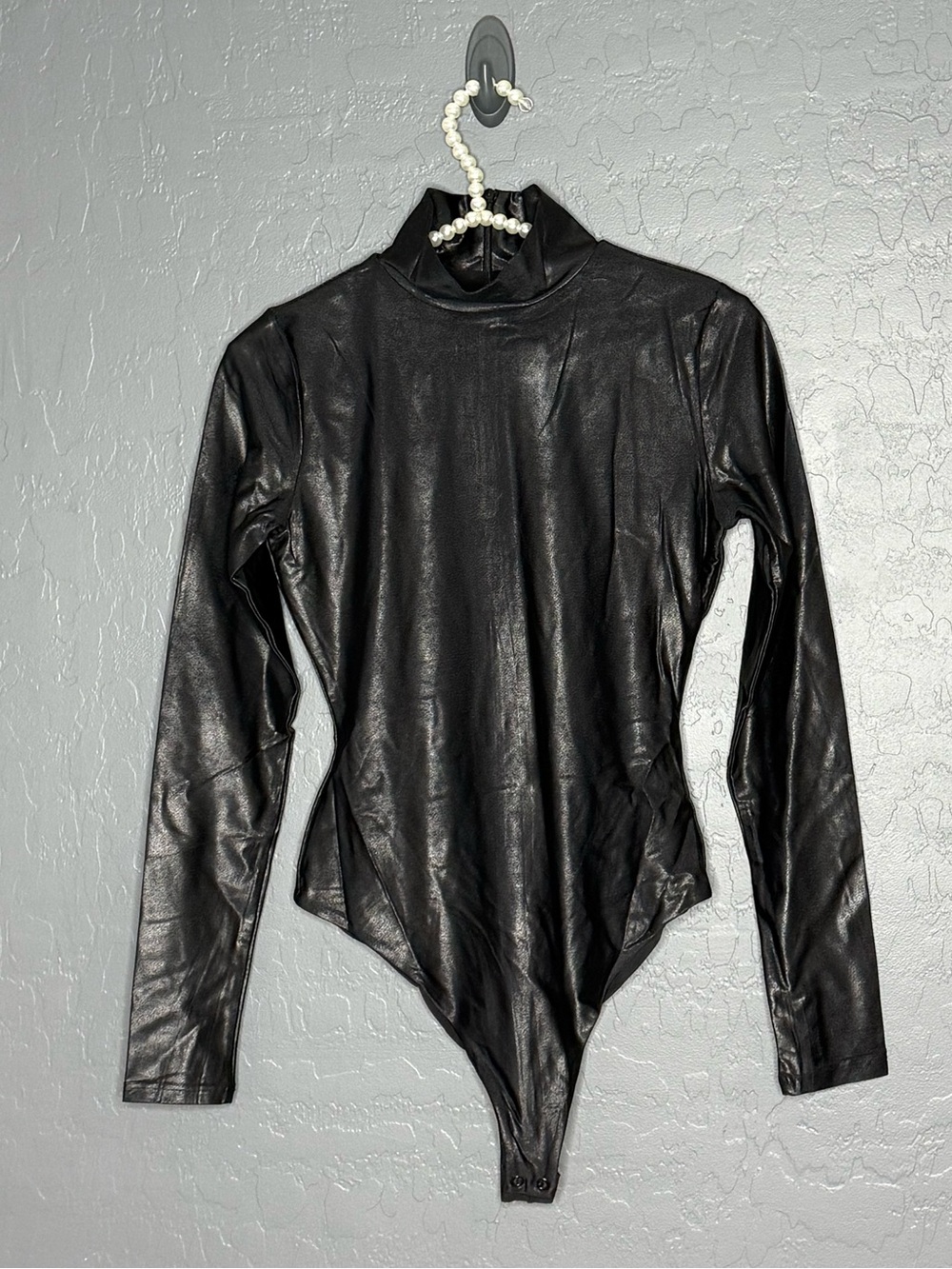 Naked Wardrobe Black Faux Leather Long-Sleeve Turtleneck Bodysuit